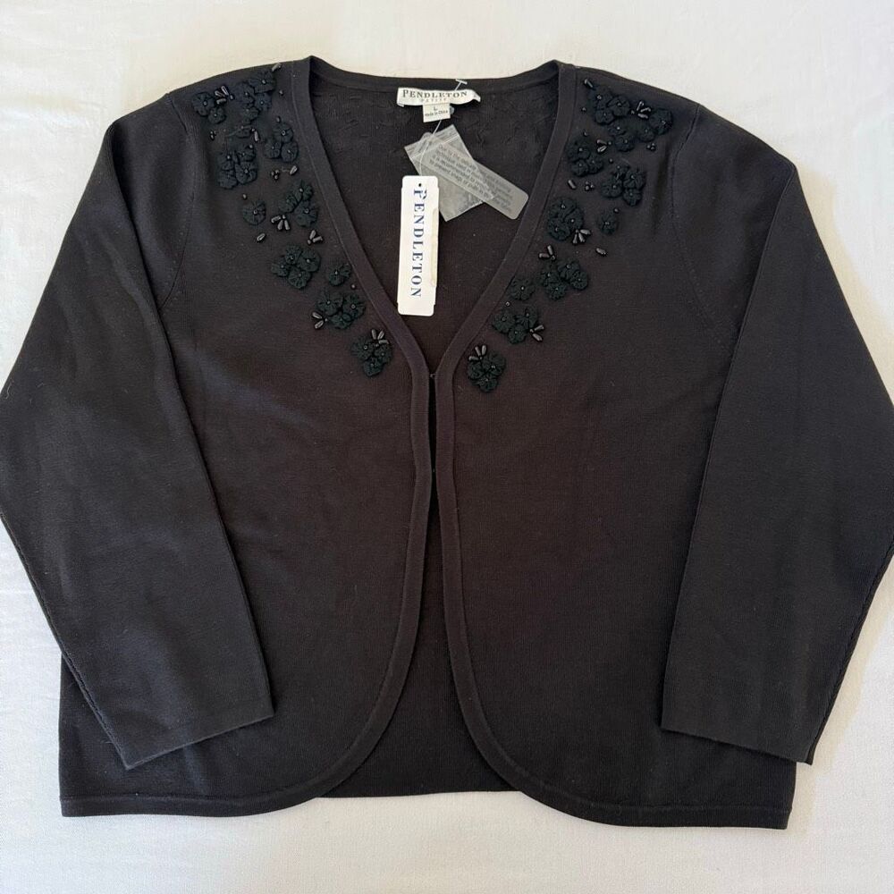 Pendleton | Beaded Silk-Blend Cardigan | Black | Women’s Petite Large | NWT